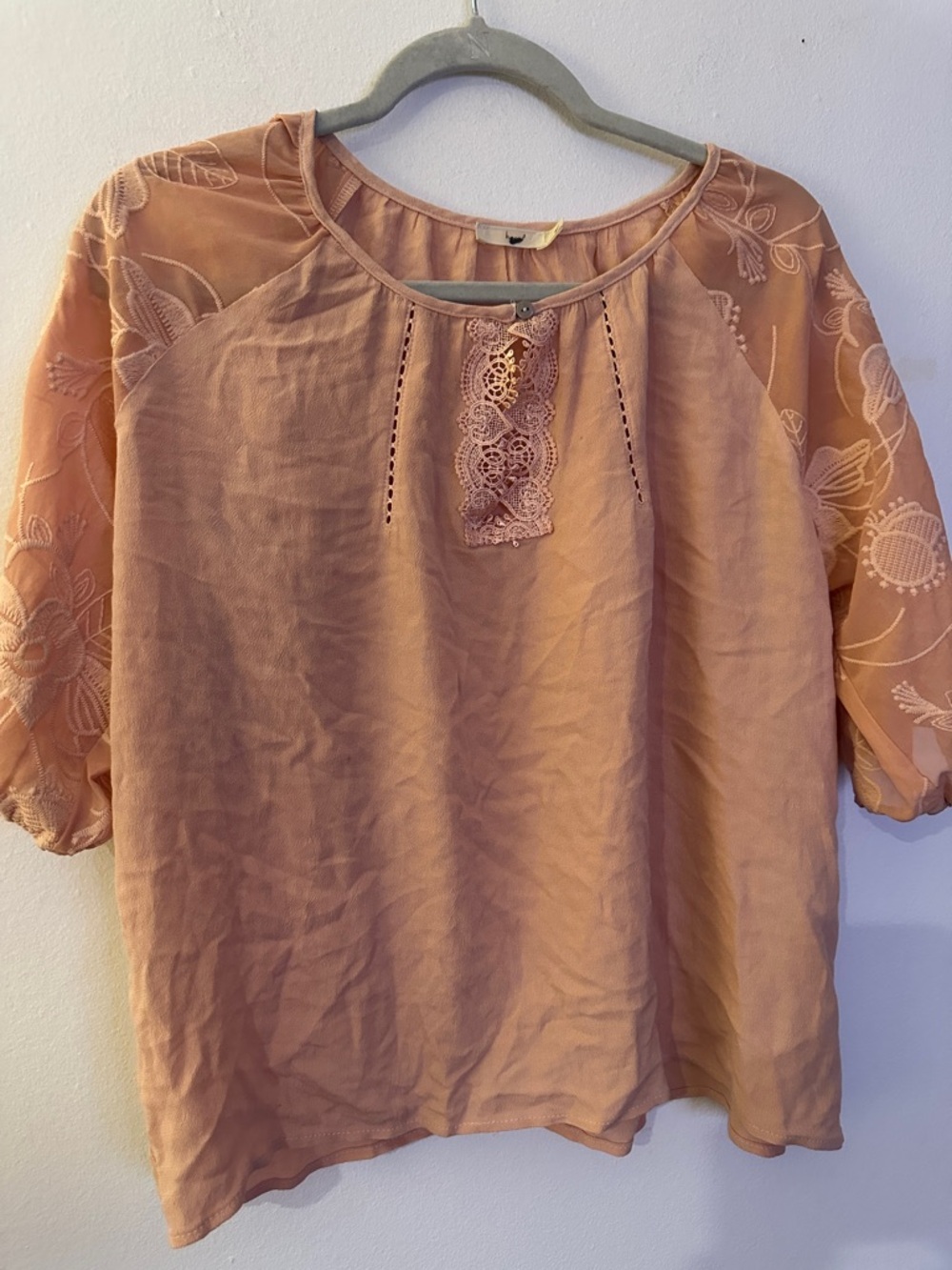 Embroidered Lace-Inset Peach Women's Blouse - Preloved